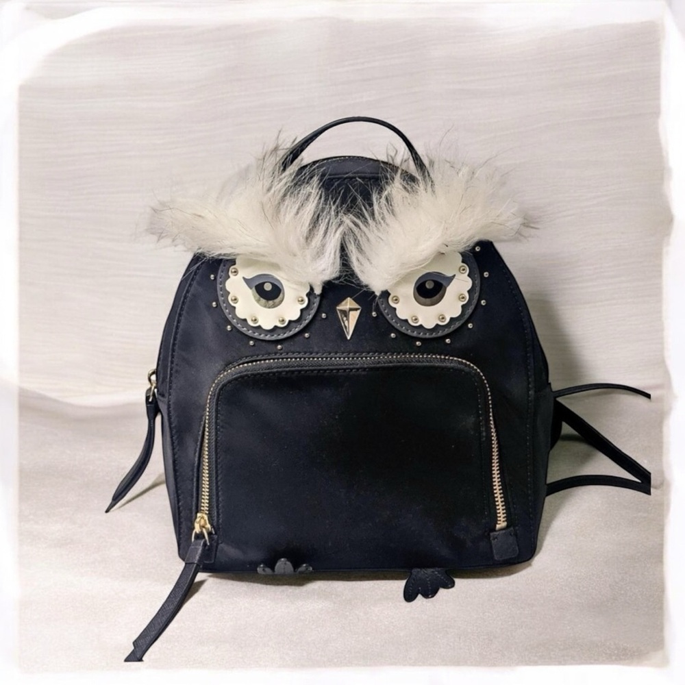 Kate Spade Black Nylon Novelty Owl Accent Backpack EUC